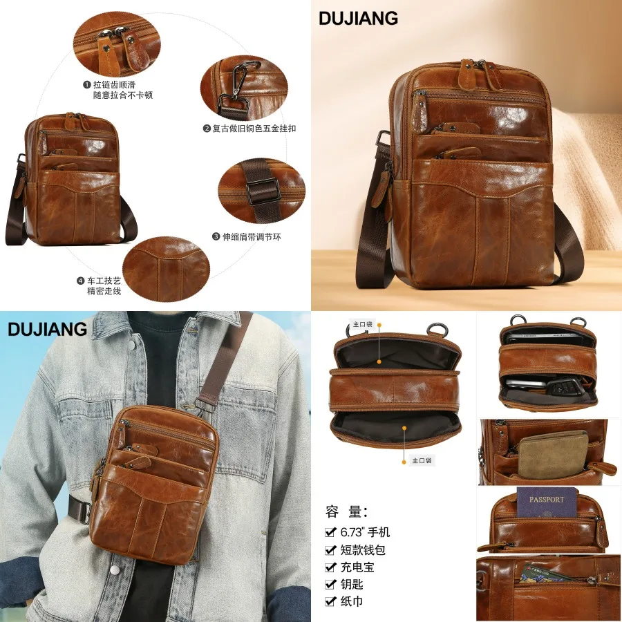 

【New Arrival】Vintage Brown Leather Crossbody Bag, Men's Casual Sling Bag with Multiple Zipper Pockets