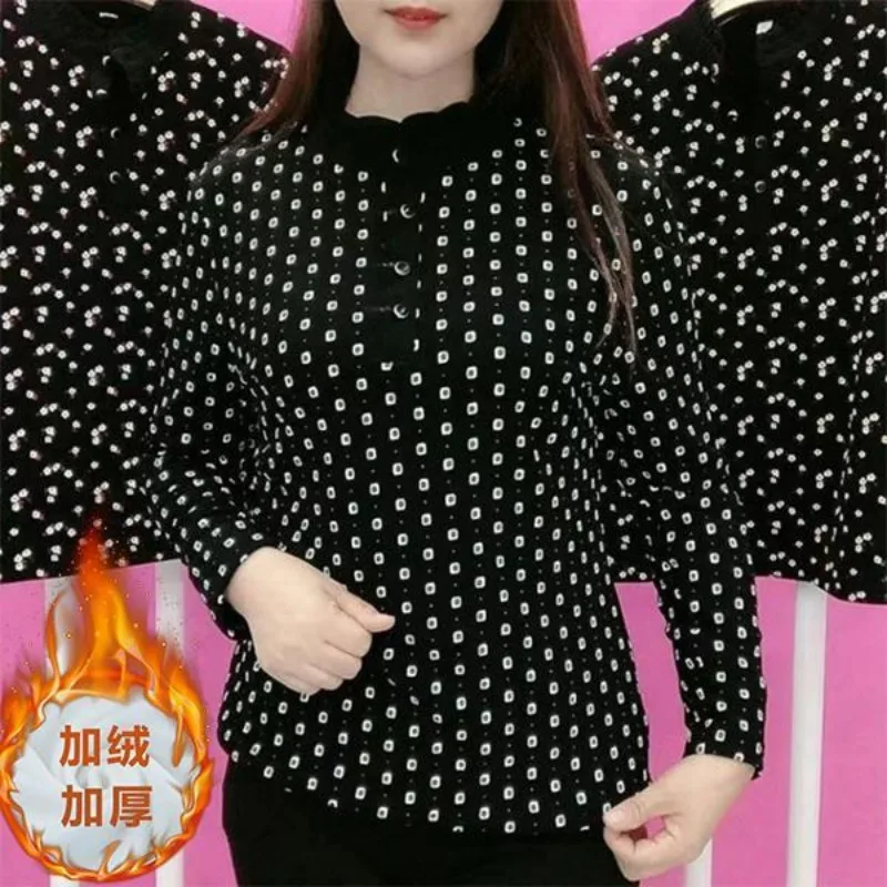Women Mom Style Stand Collar Fleece Lined Long Sleeve Top Dot Print Loose Hide Belly Plus Size Blouse For Winter