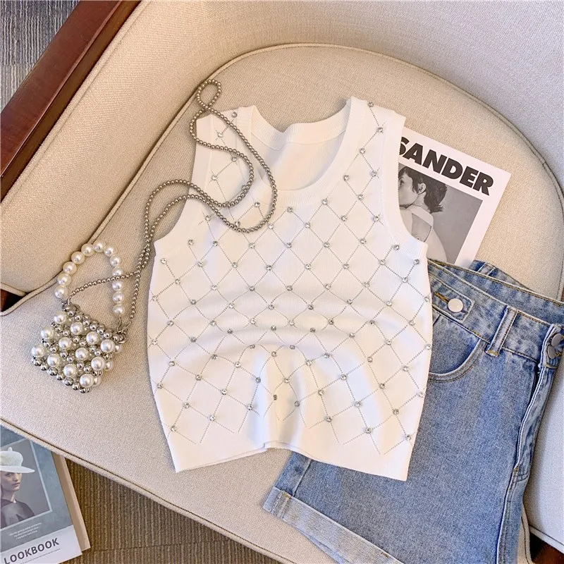 Diamanten Argyle Slank Gebreide Trui Vest Dames Crop Tops 2023 Zomer Mouwloze O-hals Gebreide Kleding Stijlvolle Mode Sexy Pullovers