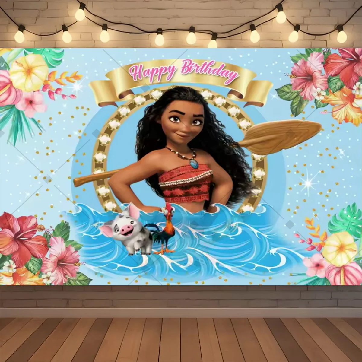 Cartoon-Moana-Geburtstagshintergrund, tropische Ozeaninsel, Palmenblume, Mädchen-Geburtstagsparty, Babyparty-Dekoration, Kinder-Fotohintergrund
