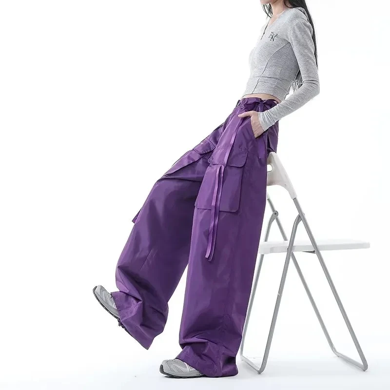 Hip Hop Streamer Purple Y2k Baggy Cargo Pants Women High Streetwear Vintage Trousers High-Waist Pockets Bunched Leg StreetPants