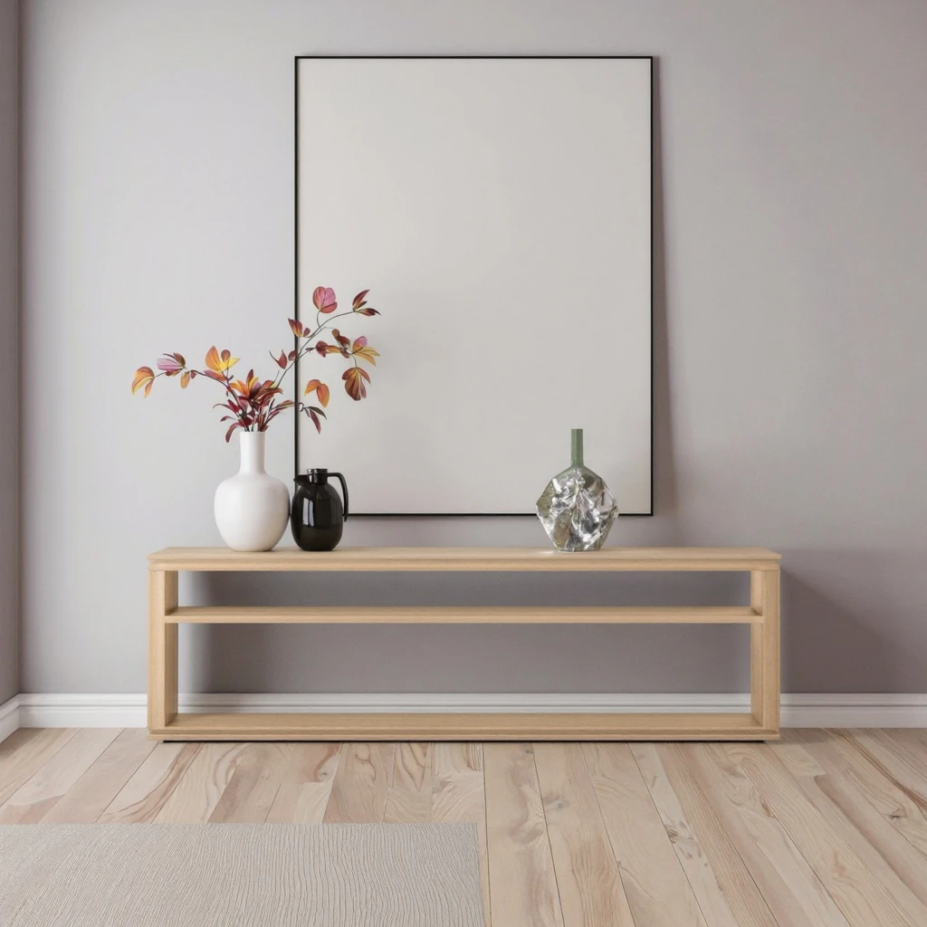 

Низкая консольная тумба, консольный столик из светлой древесины с двумя открытыми полками, современный придиванный столик для прихожей и хранения вещей в гостиной