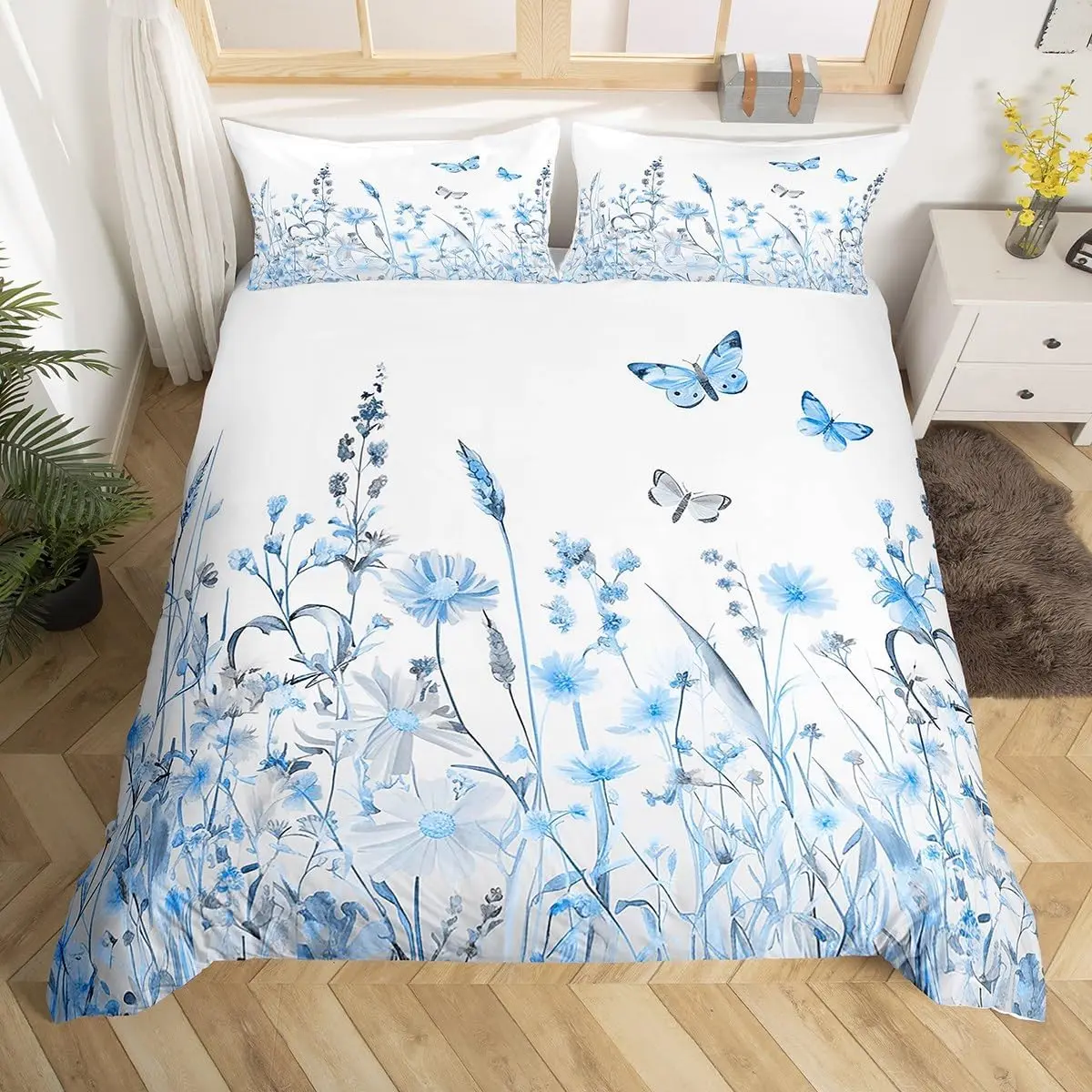 Blue Flowers Duvet Cover Set Single Size Girls Adults Women Kids Butterflies Print Bedding Set Garden Flower Theme Zipper