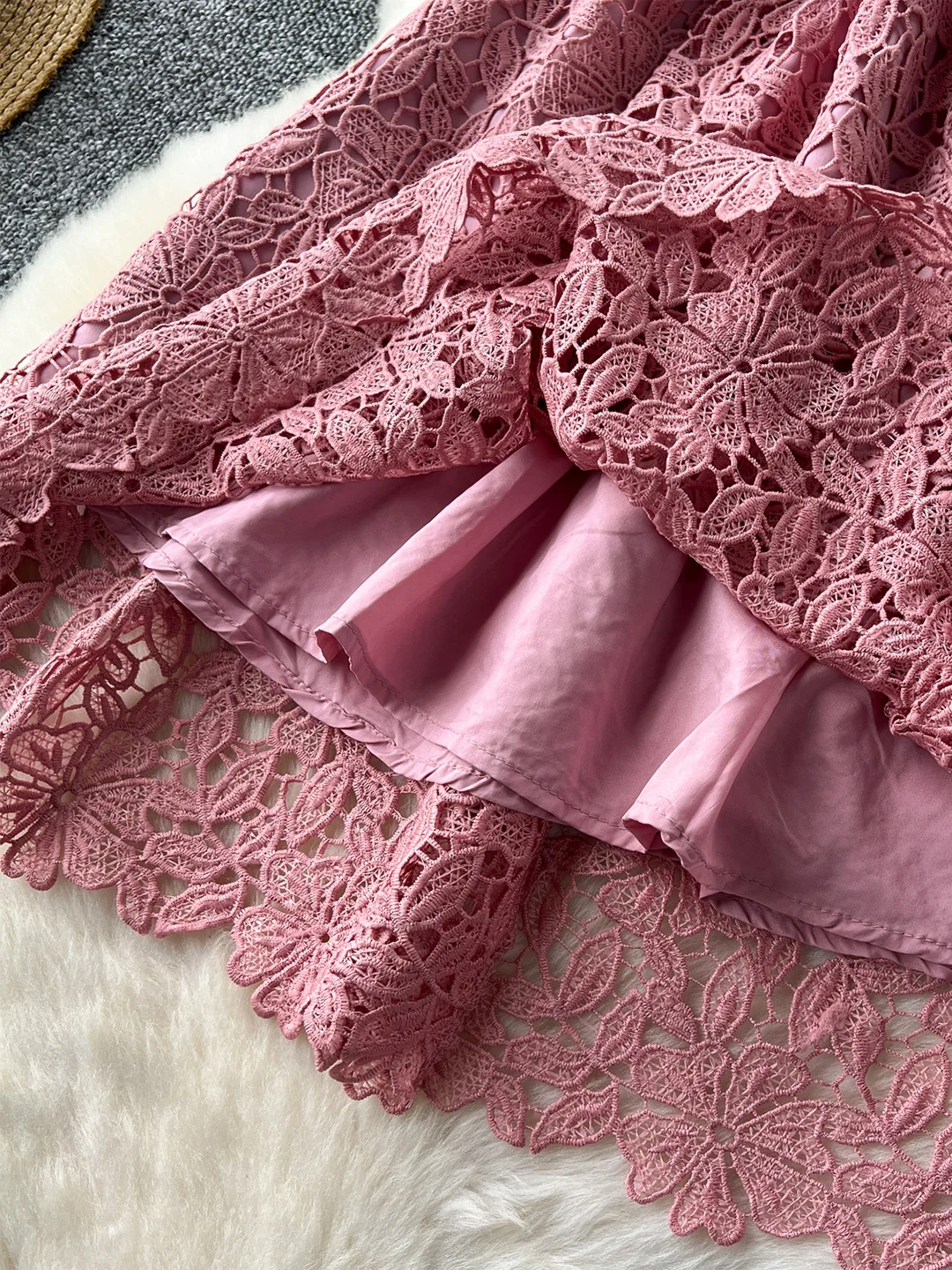 Croysier Round Neck Short Sleeve Dress With Belt Fashion Crochet Lace Elegant Casual Mini Dresses For Women Summer Clothes 2025