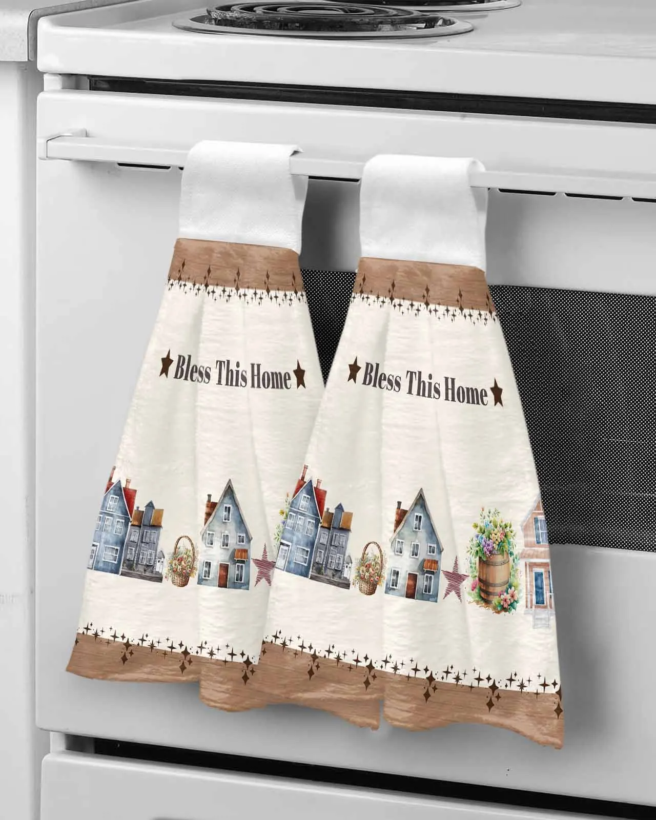 Watercolor House Stars Wood Grain Hand Towel Hanging Cloth Quick Dry Absorbent Towel Kitchen Hanging Towel Cleaning Rag