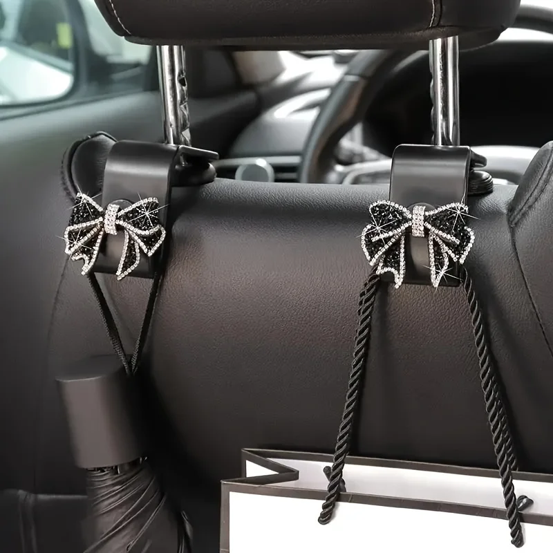 2pcs Shiny rhinestone bows design cute car hooks, car seatback organizer grocery bags, bag holders, car interior accessories