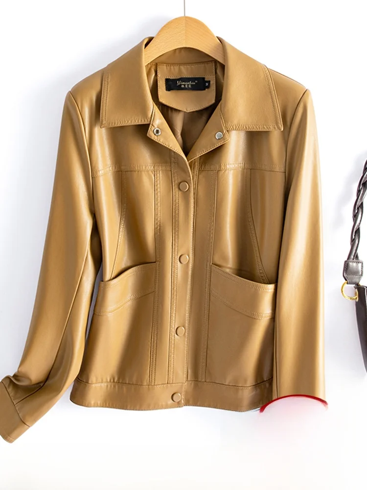 

Ning Genuine Leather Jaet Women's ort Sle 2025 Spring Autumn New Bla Waist-Cinching eepskin Coat for Small St...