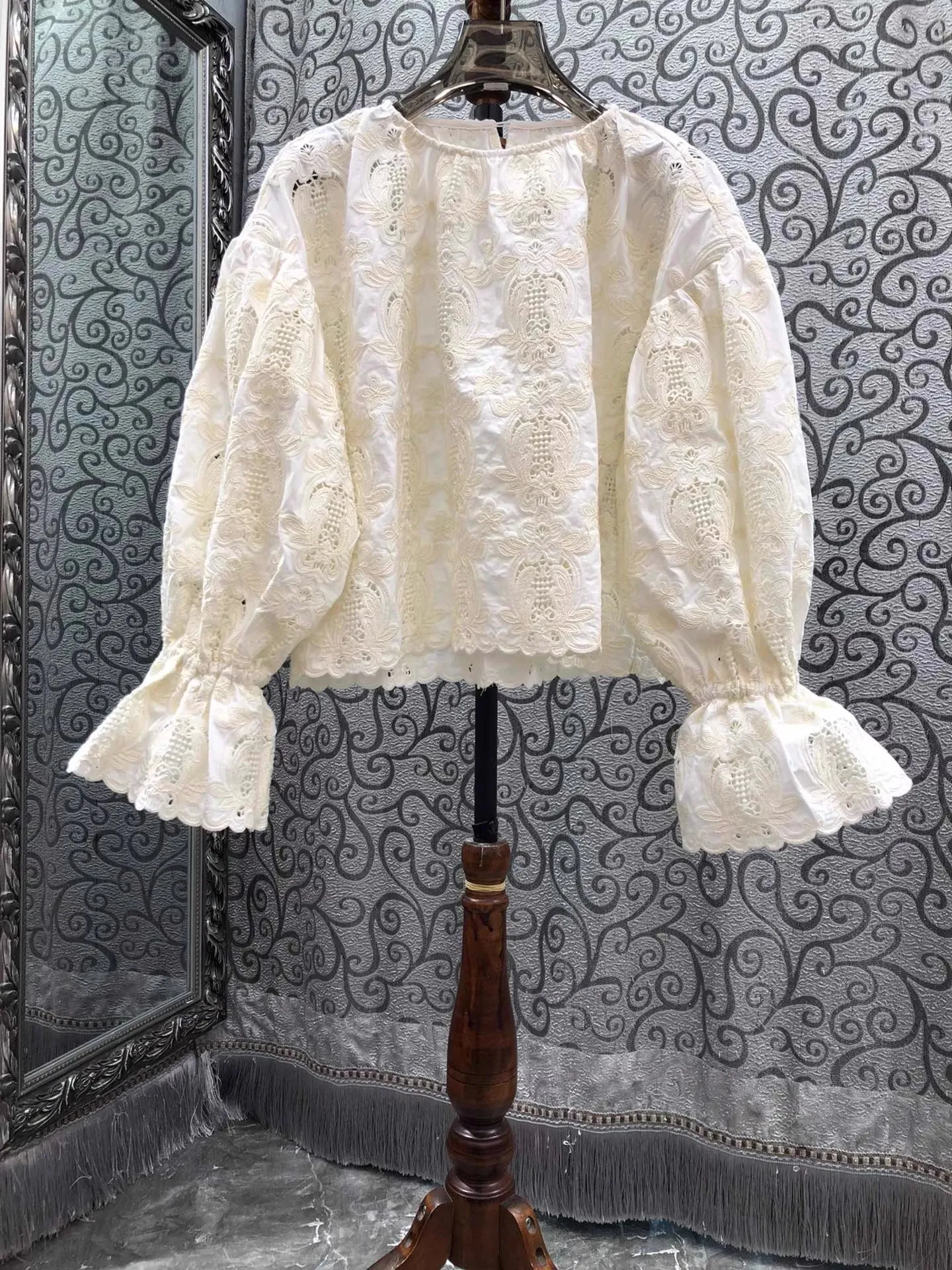 

100%Cotton Blouse 2026 Spring Style Women Allover Exquisite Embroidery Flare Sleeve Apricot Black Loose Tops Blusas Feminino