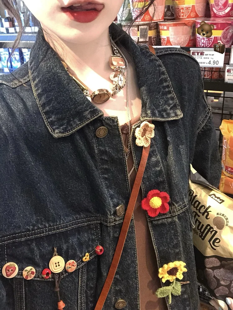 American Vintage Jean Jacket Women Long Sleeve Zipper Harajuku Safari Denim Short Coats 2000s Retro Clothing Outwear Chic