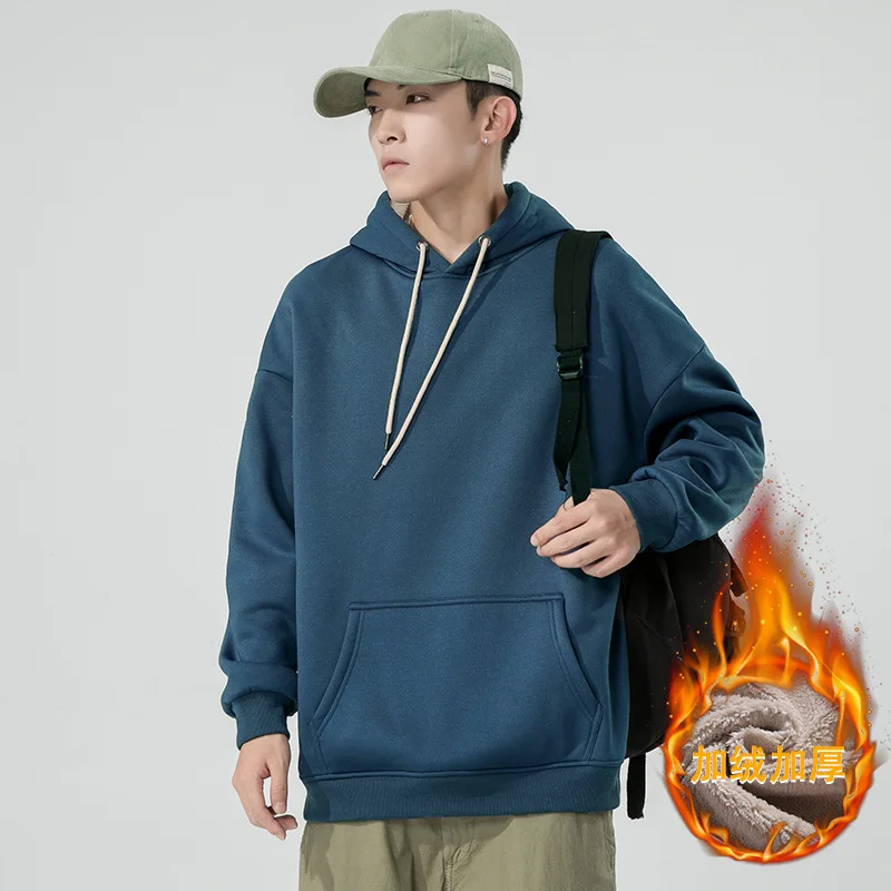 Mens Fleece Hoodie Autumn Winter  Street Fashion Big Pocket Jacket Thickened Fleece Crewneck Pullove