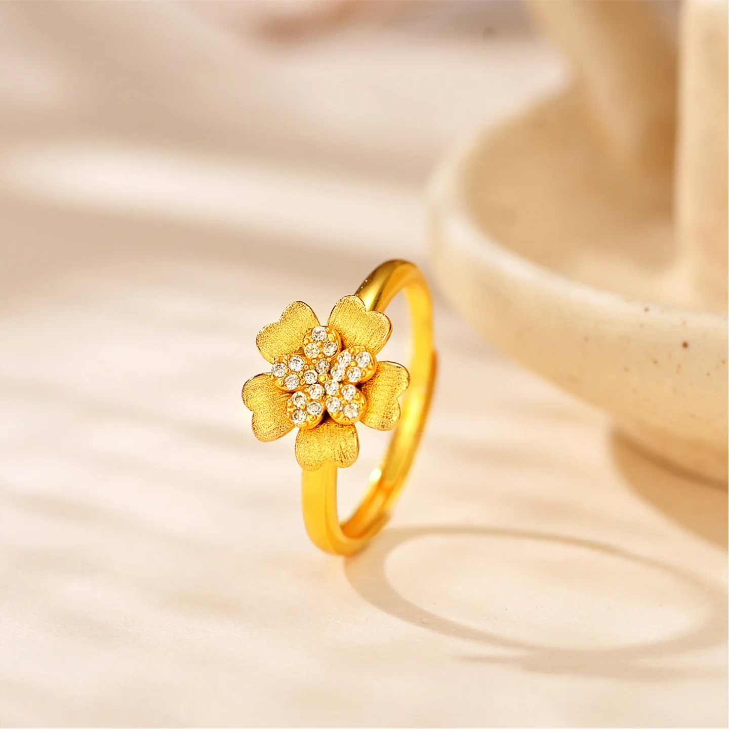 9999 gold brushed-gold petal ring - petite and sweet, with small diamonds, open-ended finger ring