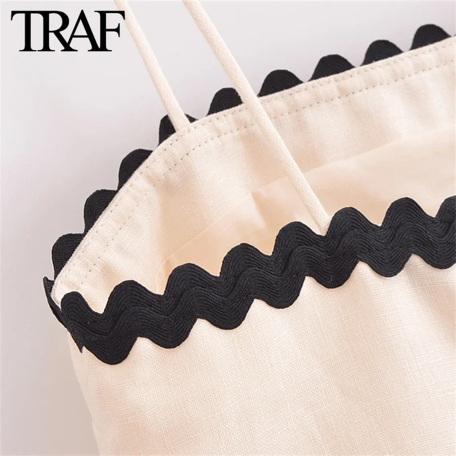 TRAF Women Fashion Summer New Linen Strapless Sleeveless Sexy Sling Backless Dress Chic Female French Elegant Evening Mujer