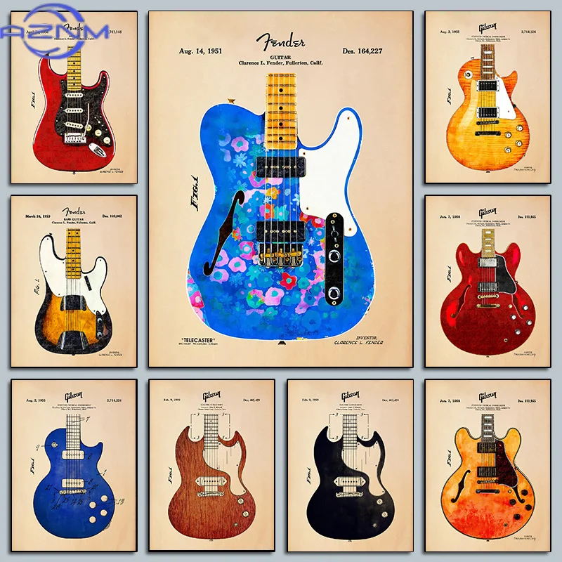 AZNM Minimalist Music Guitar Poster Guitar Art Blueprint Prints The Tuning Pegs Canvas Painting Wall Pictures Home Music Studio