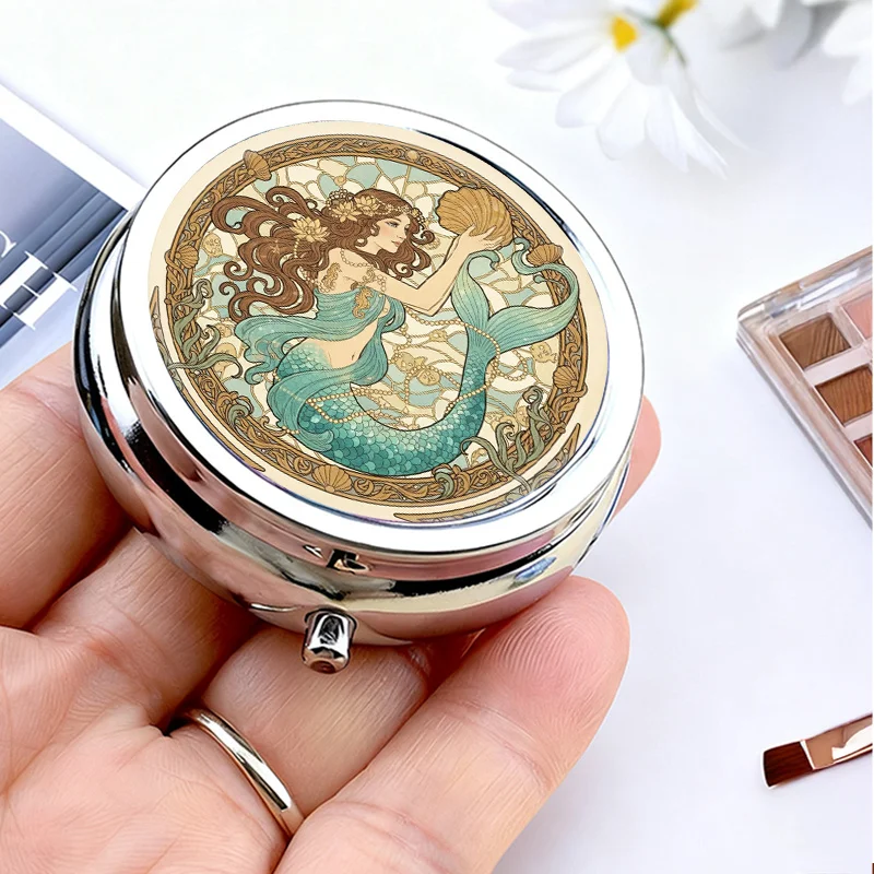 Vintage Art Nouveau Style Mermaid Metal Pill Box, Three-Compartment Portable Travel Pill Case, Mini Shell-Patterned Medicine Organizer, Pocket Pill Box, Vitamin Supplement Storage Box, Decorative Storage Box, Can Be Placed in a Wallet or Handbag, Unique Creative Gift for Women