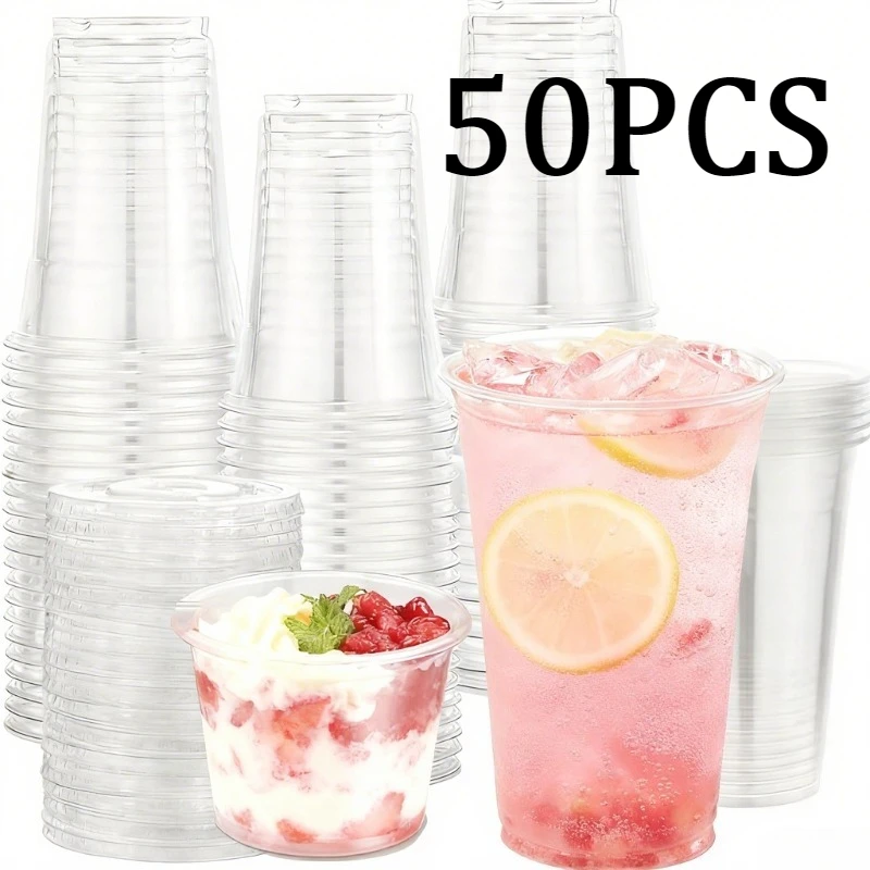 

50PCS Disposable Transparent Plastic Cups with Lids Milk Tea Cups Party Wedding Fruit Juice Coffee Ice Cream Cake Container