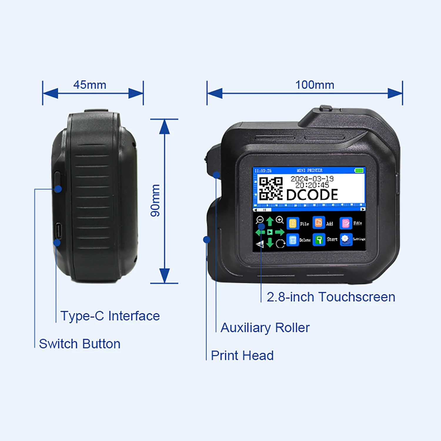 Imagem -06 - Dcode-impressora a Jato de Tinta Portátil Mini Impressora Portátil Código de Barras qr Logotipo Data Codificação de Imagem 28 Touchscreen 127 mm Dc98