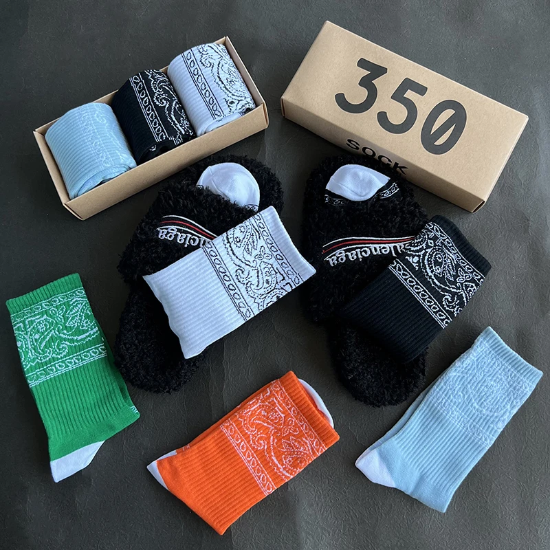 3 Pairs/Box Men\'s Socks Green Trendy Cashew Blossom Hip Hop Dunk Bandanas Funny Sock Women Cotton AF1 Collocation 350 Gifts