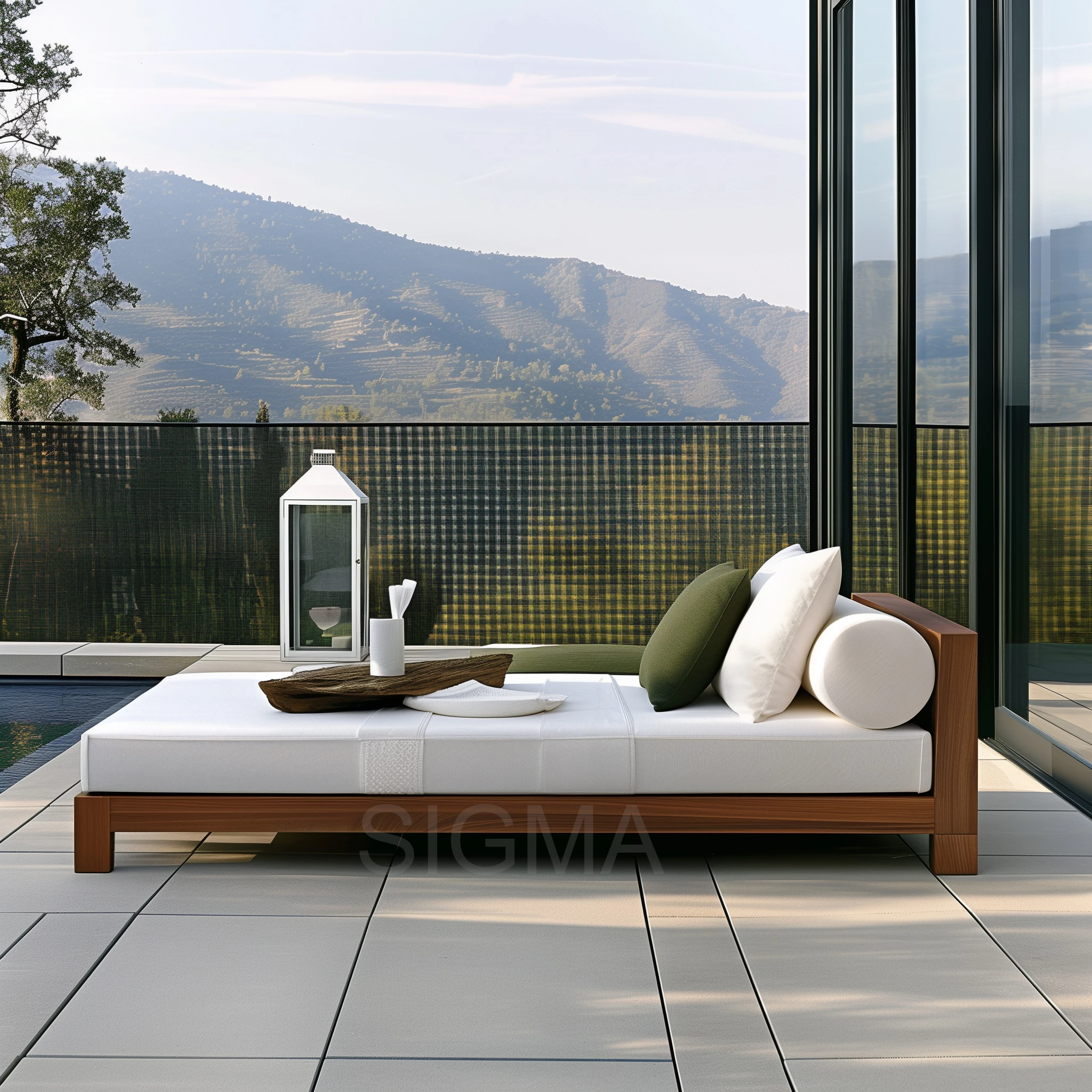 Sigma Outdoor Dining Table Sofa Set Modern Teak Wood and Waterproof Fabric for Patio Park Hotel Farmhouse or Living Room