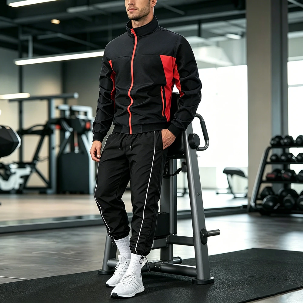 Men's Color Block Zip Up Stand Collar Windbreaker Jacket Side Stripe Drawstring Hem Sweatpants 2 Pieces Sports Tracksuit Set