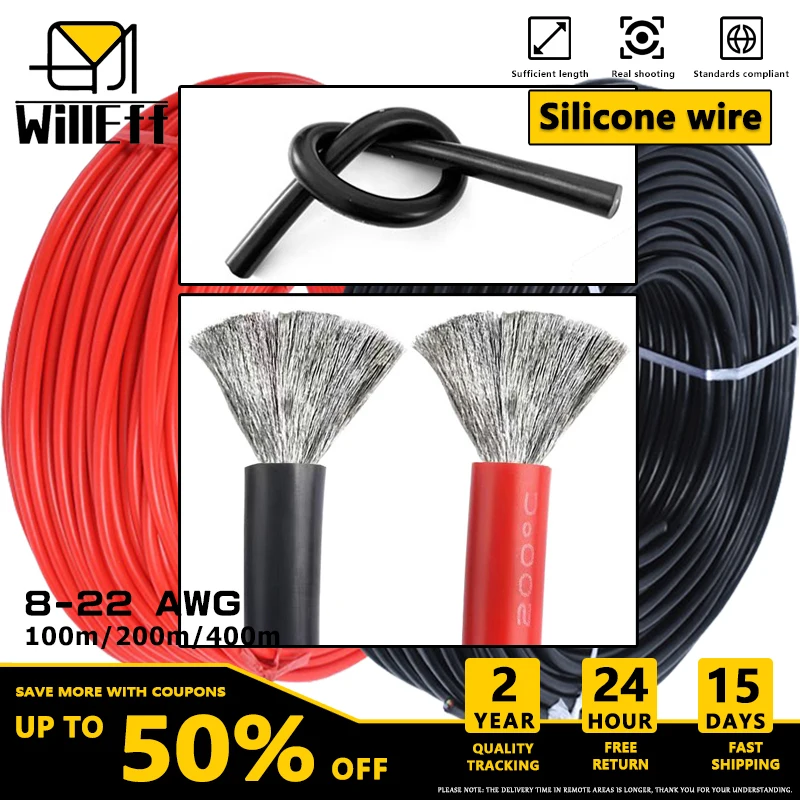 100m/200m/400m/Roll Silicone wire Silicone cable Soft Electrical wires Black Red Heat-resistant wire For Car Battery Inverter