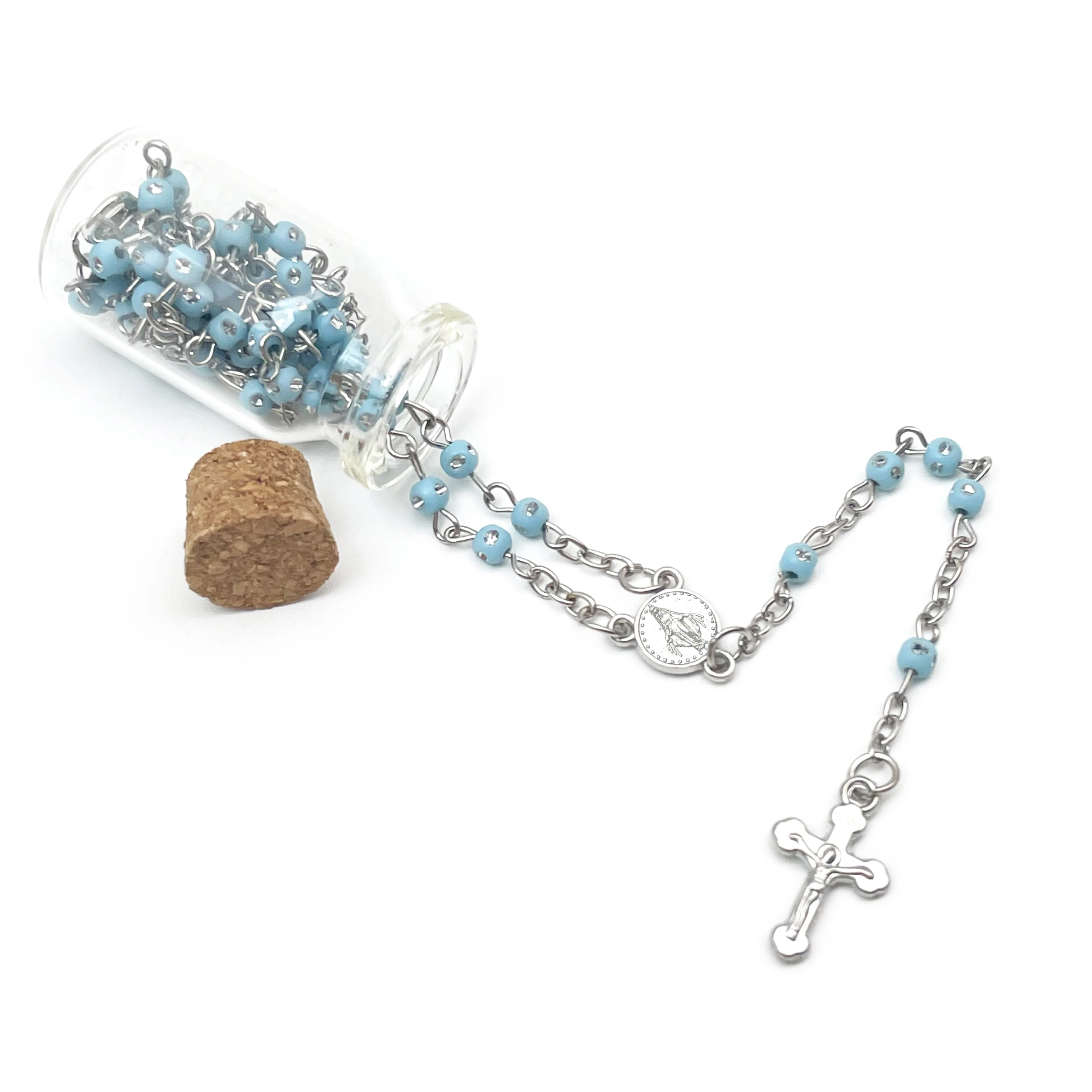 

12 Pcs Baptism Maria Blue Rosary with Mini Diamonds In Glass Bottle Recuerdos De Bautizo Baby Shower Favors Quiceanera /1st Comm
