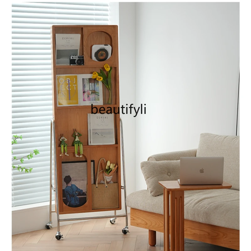 

Modern Solid Wood Dressing Mirror Full Body Floor Mirror Home Fitting Mirror Bedroom Movable Adjustable Magazine Rack