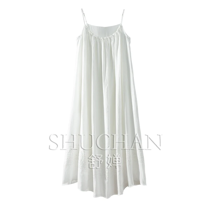 

Vacation Pure White French Ramie + Tencel + Cotton Loose Spaghetti Strap Dress Women Vestido Feminino Dress for Women