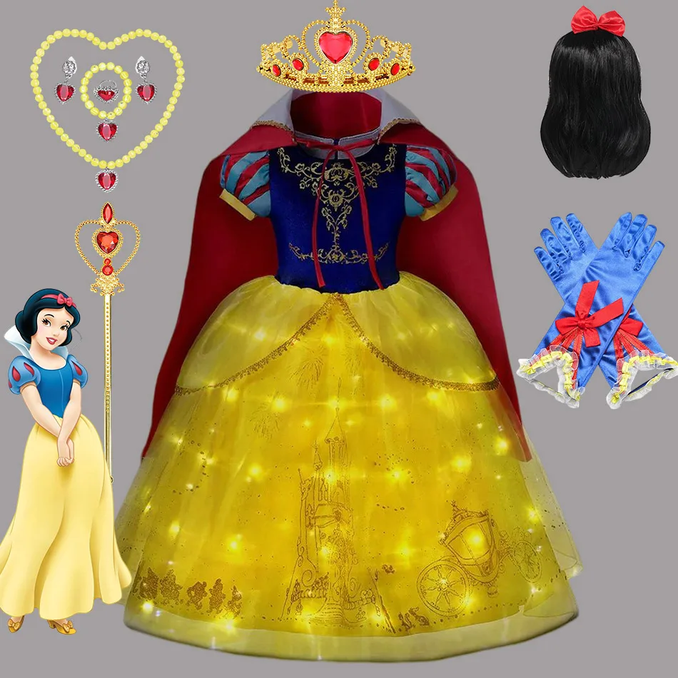 DISNEY Snow White Costume Light Up Princess Ball Gown for Girls Fancy Kids Role Play Pretend Party Dress up 2-10 Yrs Deluxe Robe