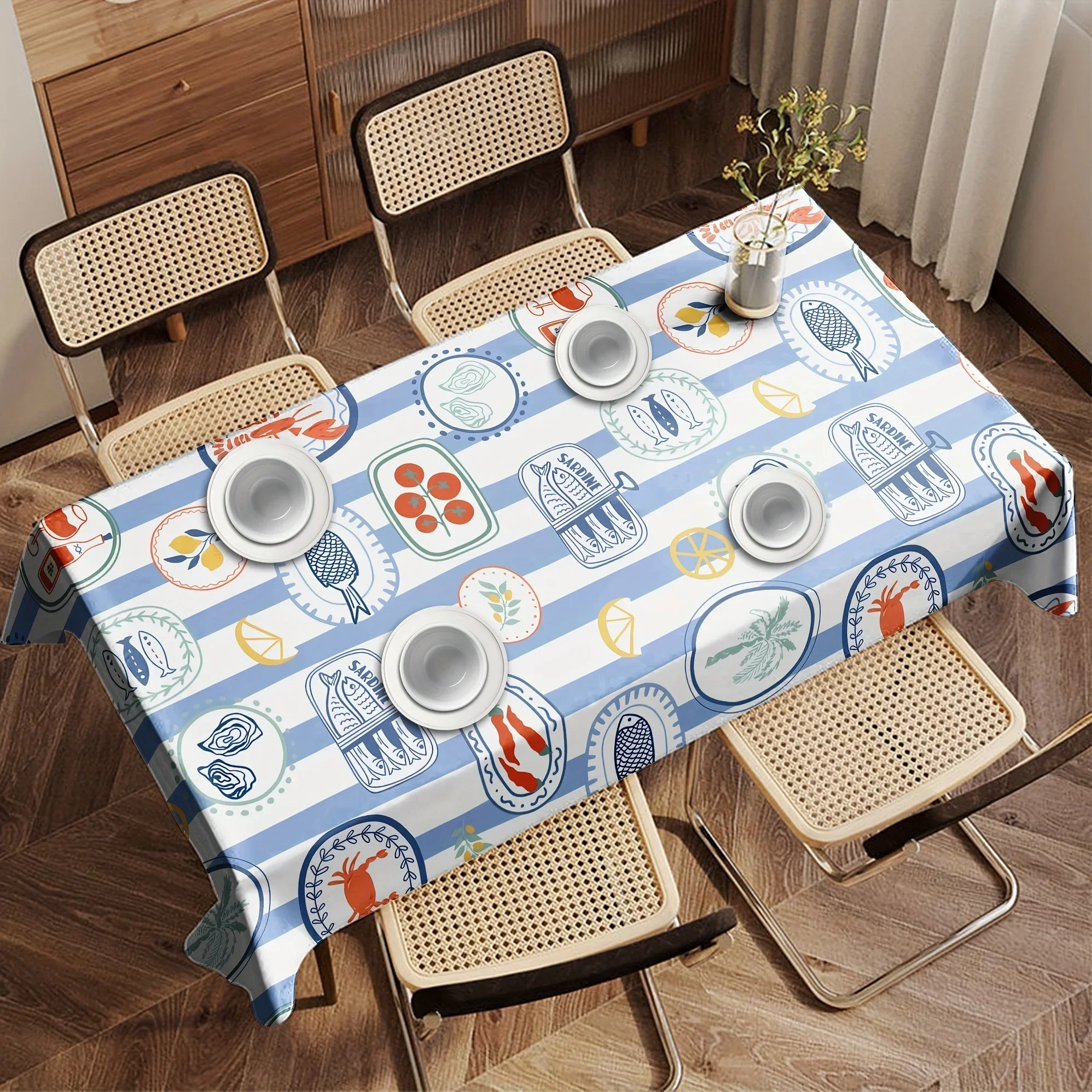 JIT 1PC blue and white striped background tablecloth, abstract graffiti-printed seafood tablecloth for dishes