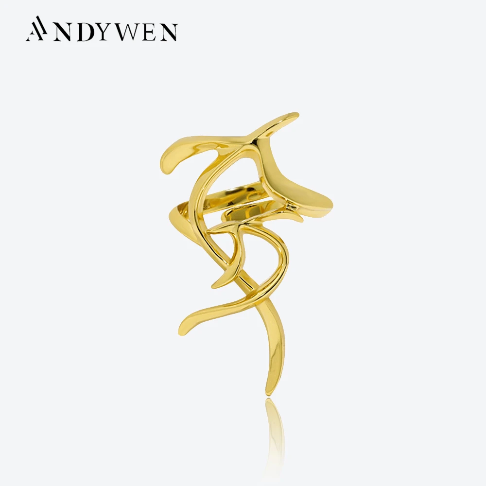 

ANDYWEN 925 Sterling Silver Gold Long Leaves Resizable Ring 2023 Women Rock Punk Luxury Leafs Plain Wedding Jewelry Gift