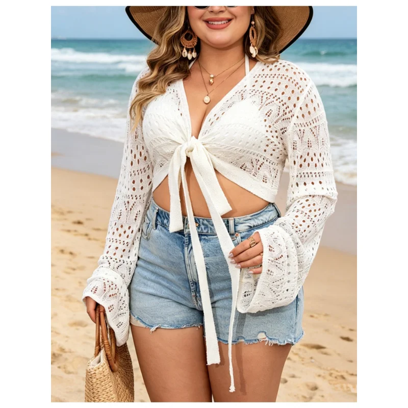 Women Round Neck Scallop Eyelet Crochet Crop Top Tiered Flare Bell Sleeve Hollow Open Knit Boho Beach Bikini Cover Up Shrug