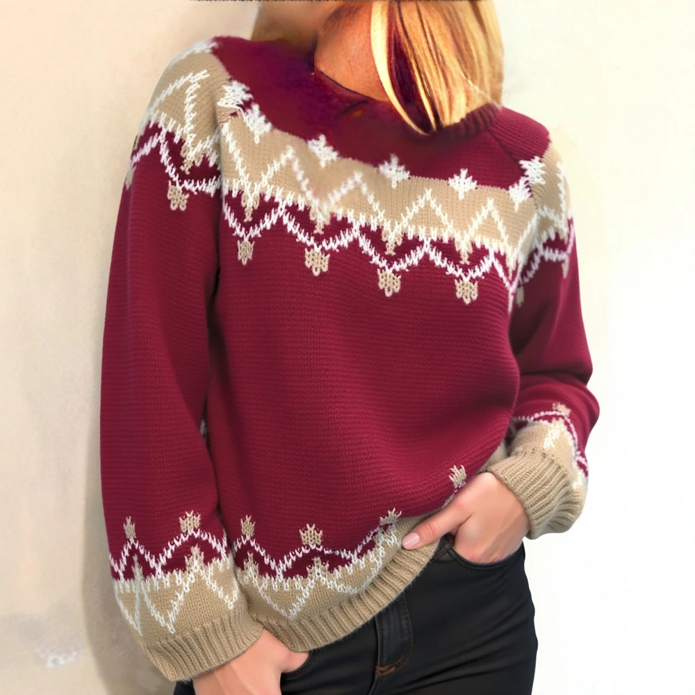 여성용 크리스마스 스웨터 2025 가을 겨울 긴 소매 O넥 루즈 따뜻한 컬러 블록 두꺼운 니트 자카드 스웨터