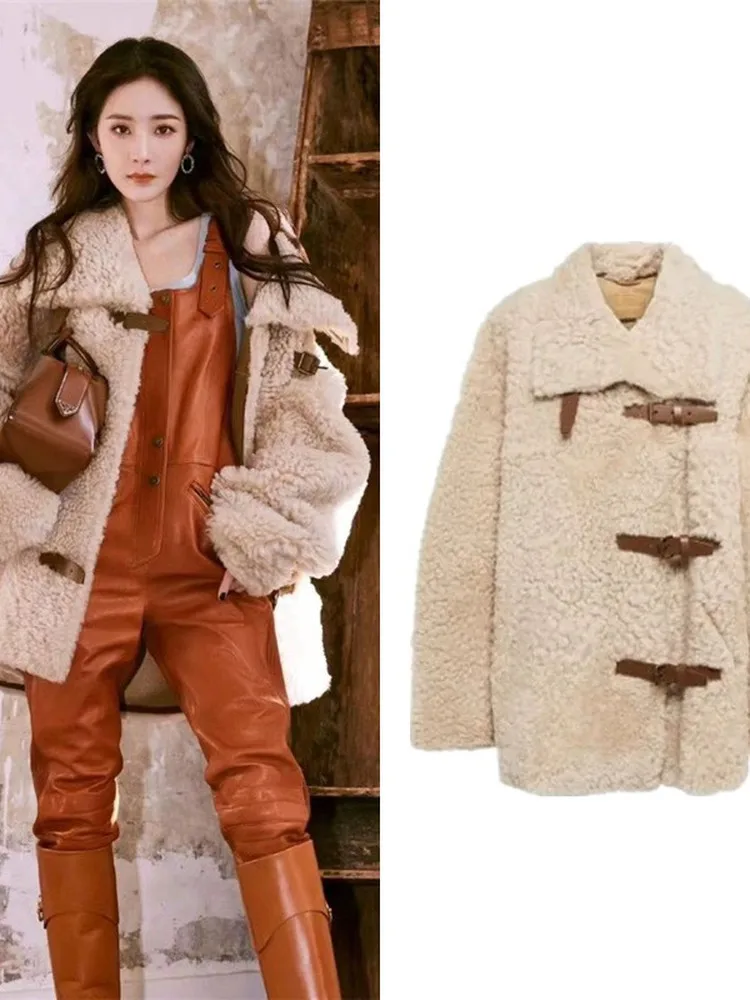 

Damei 2025 New Style Women's Lamb Fur Collar Leather And Fur Coat Integrated Jacket Trendy Commute Loose Fit Long Sleeve