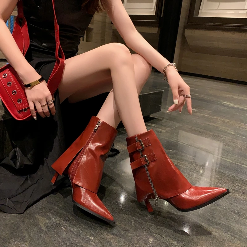 

Women's new leather cowhide pointed high-heeled metal belt buckle side zipper calf short boots fashion boots pants leg boots