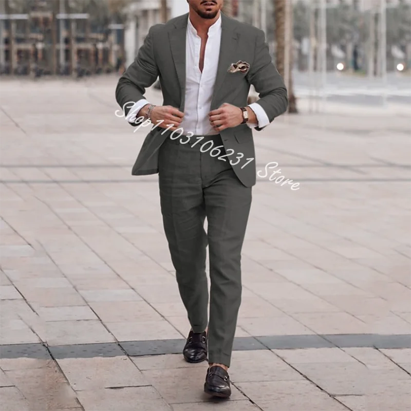 Linen Wedding Men Suits Custom Slim Fit Groom Tuxedos Notched Lapel 2 Pieces Suits Jacket Pants Male Blazer Costume Homme