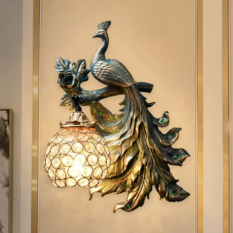 American retro peacock wall lamp, European living room bedroom bedside background wall creative decorative wall lamp