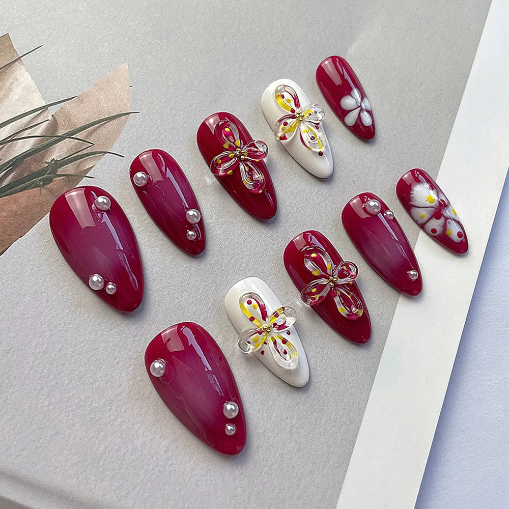 New Rose Red Color Artificial Full Cover Press On Nails 3D Flowers Pearl Almond Pattern Reusable Fake Nail Tips Ring Suit