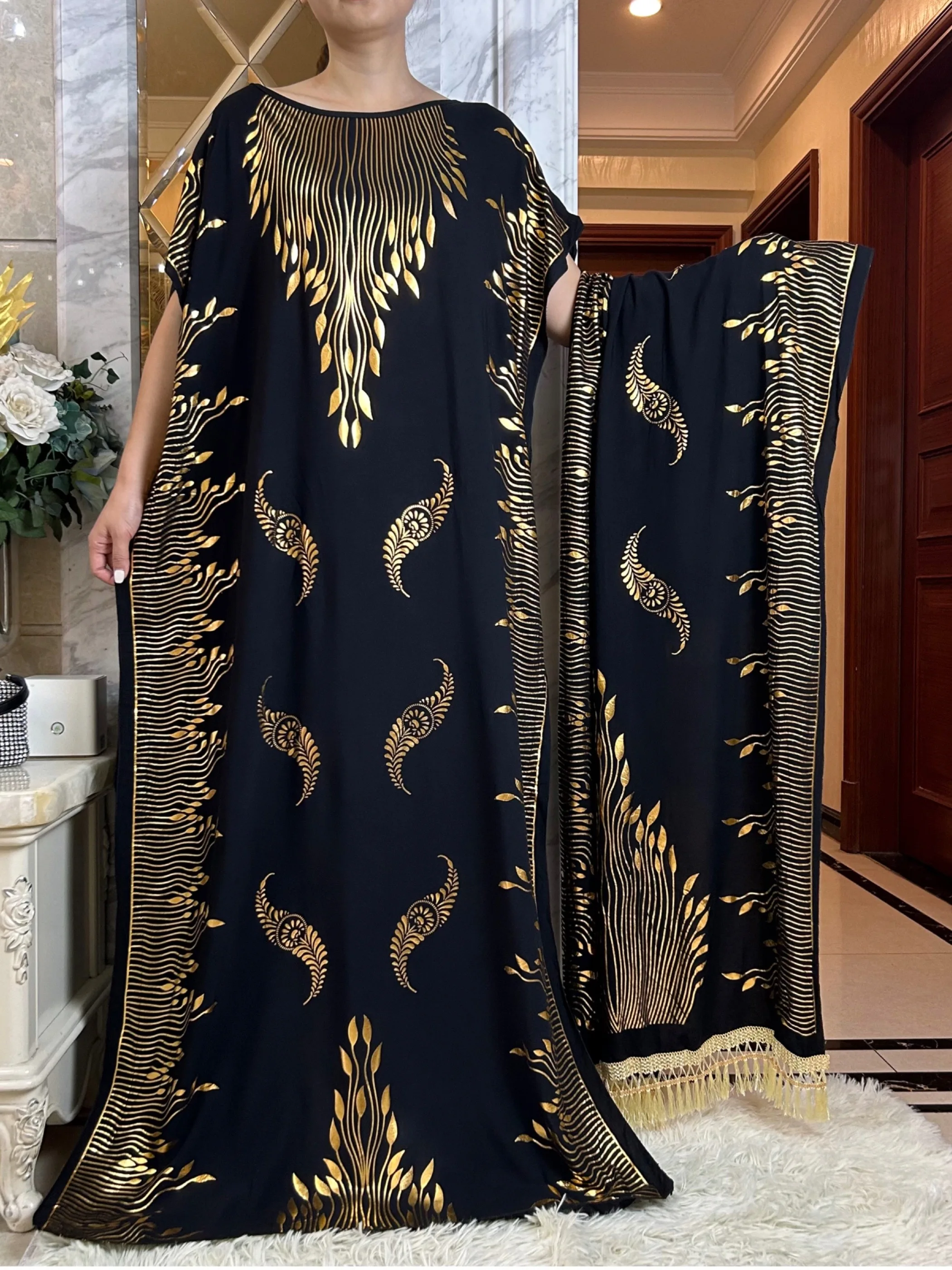 2023 Summer Short Sleeve Dress Cotton Gold Stamping  Boubou Maxi Islam Women Femme Dress With Big Scarf African Loose  Clothes