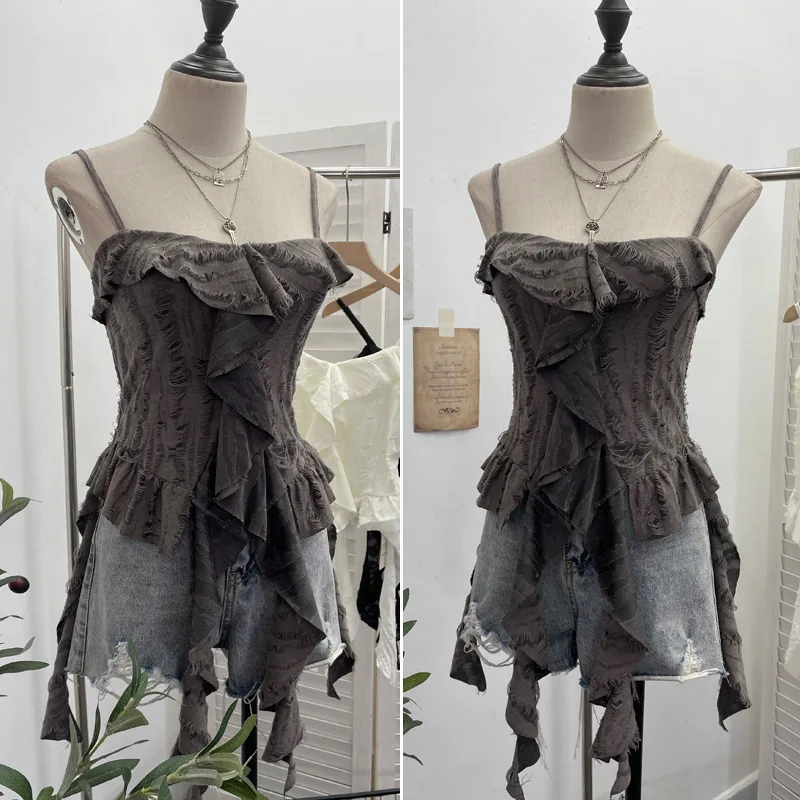 Camisola Vintage con agujeros desgastados para mujer, Top corto sin mangas con cinta Sexy con volantes irregulares, ropa de calle Y2K 9238