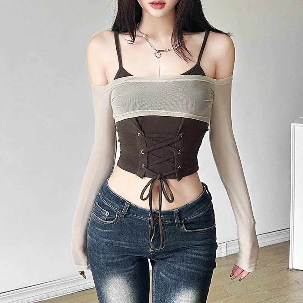 

Fashion Slim Fit Spicy Girl 2piece Set Top Women Summer Short Lace Up Design Tank Inner+Off The Shoulder Mesh Long Sleeves Smock