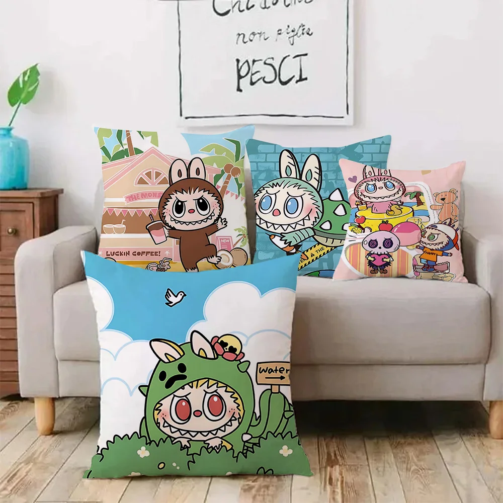 Pillow Covers Cartoon Cute Anime Popular Dolls Labubu Sofa Decorative Home Double-sided Printing Short Plush Cute Cushion Cover