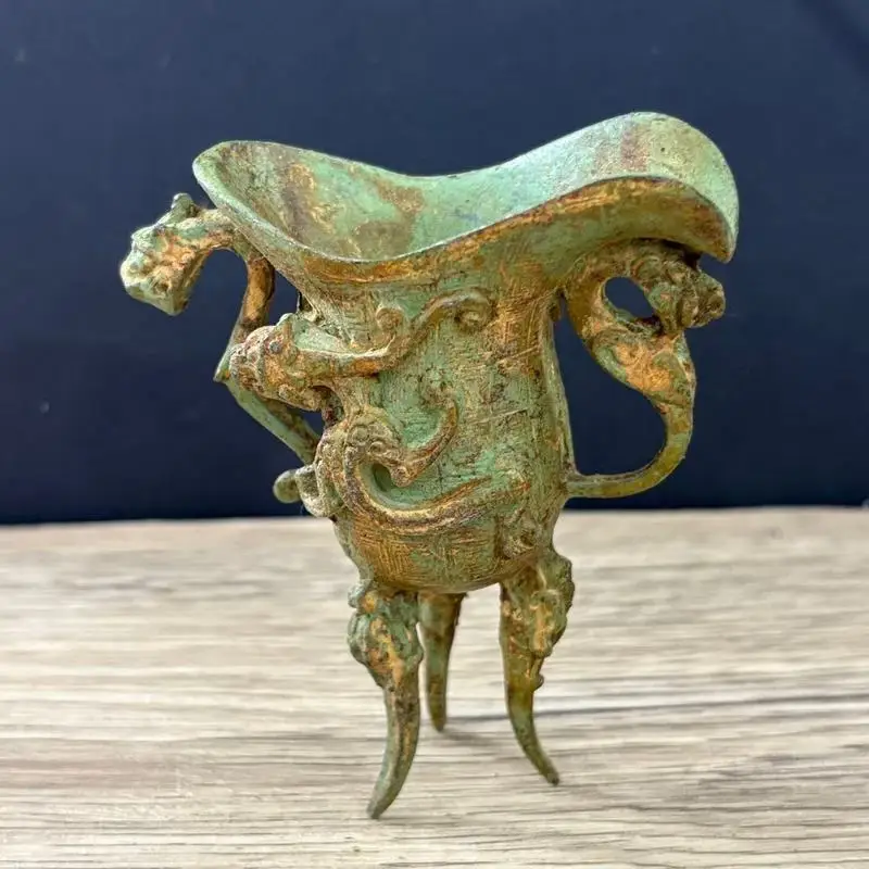 Antique Alloy Gilt Pixiu Dragon Foot Three-Legged Ornament, Ancient Wine Cup, Golden Goblet, Home Craft Decoration
