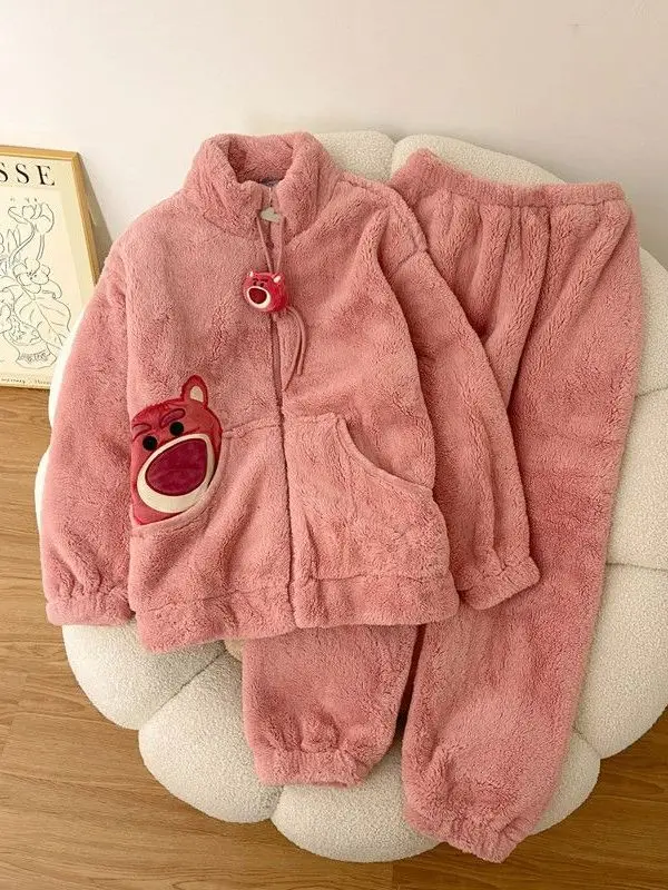 

Комплект домашней одежды из кораллового флиса с медведем для женщин больших размеров: теплый и удобный повседневный костюм-двойка для осени и зимы