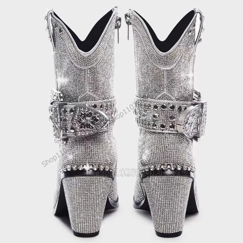 Silver Crystal Belt Fastener Rivets Decor Pointed Toe Boots Side Zipper Women Shoes Chunky Heels Runway 2023 Zapatos Para Mujere