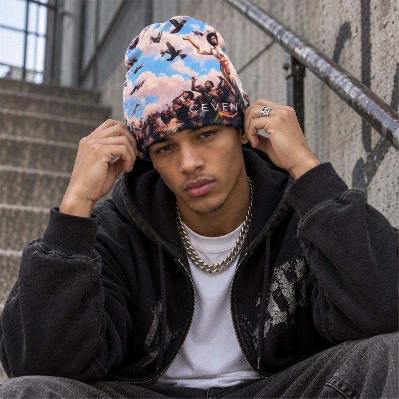 2026 Autumn Art Portrait Full Print Knit Beanie for Men Women Sky Pigeon Graphic Elastic Slouchy Hip Hop Streetwear Knitted Hat
