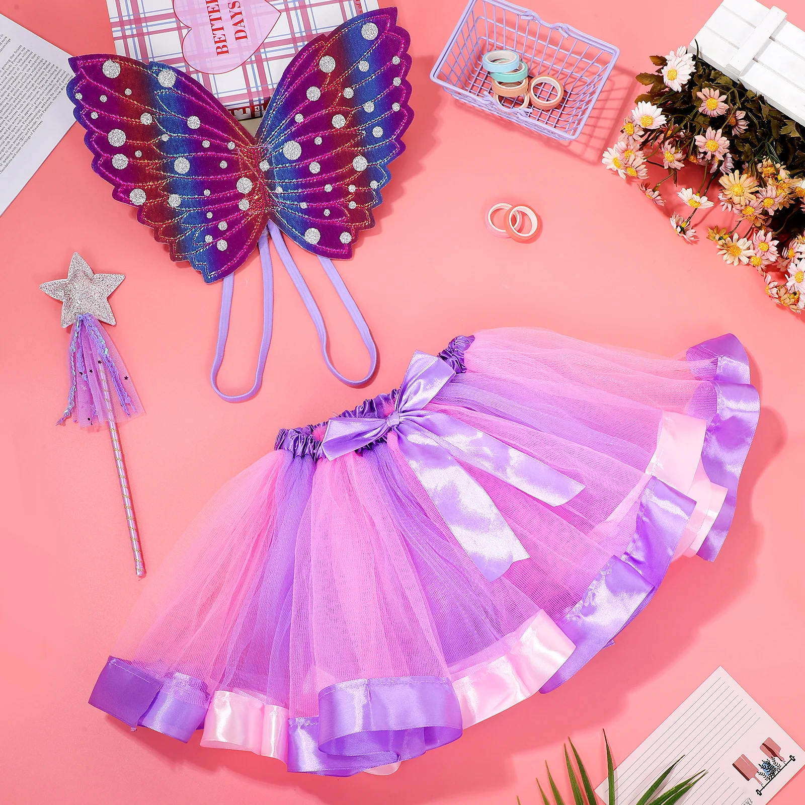 

1 set Butterfly Wings Fabric Set Complete Costume Soft Tutu Skirt Stick Adjustable Straps Long Use Party Favor Girls Kids