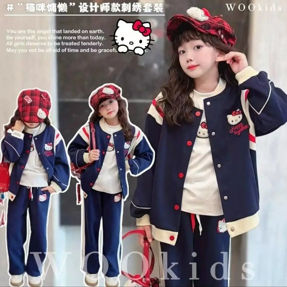 Anime Hello Kitty Kawaii Sanrio Girl Baseball Suit Set Spring Autumn Coat Pants Outdoors Fashion Casual Sweat Suit Kids Clothing