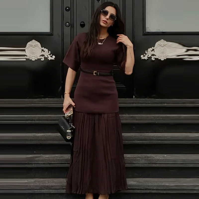 HXAO Womens Dresses Brown Pleated Dress Summer 2025 Elegant Knitted Short Sleeve Vestidos Chic Patchwork O-Neck Vacation Dresses - Image 6