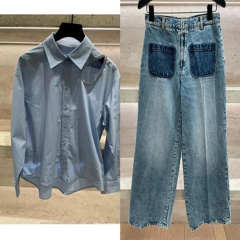 Women's Set Water Droplet Diamond Decoration Hollow out Shirt or Straight Jeans Female 2024 Autumn Fashion Suit