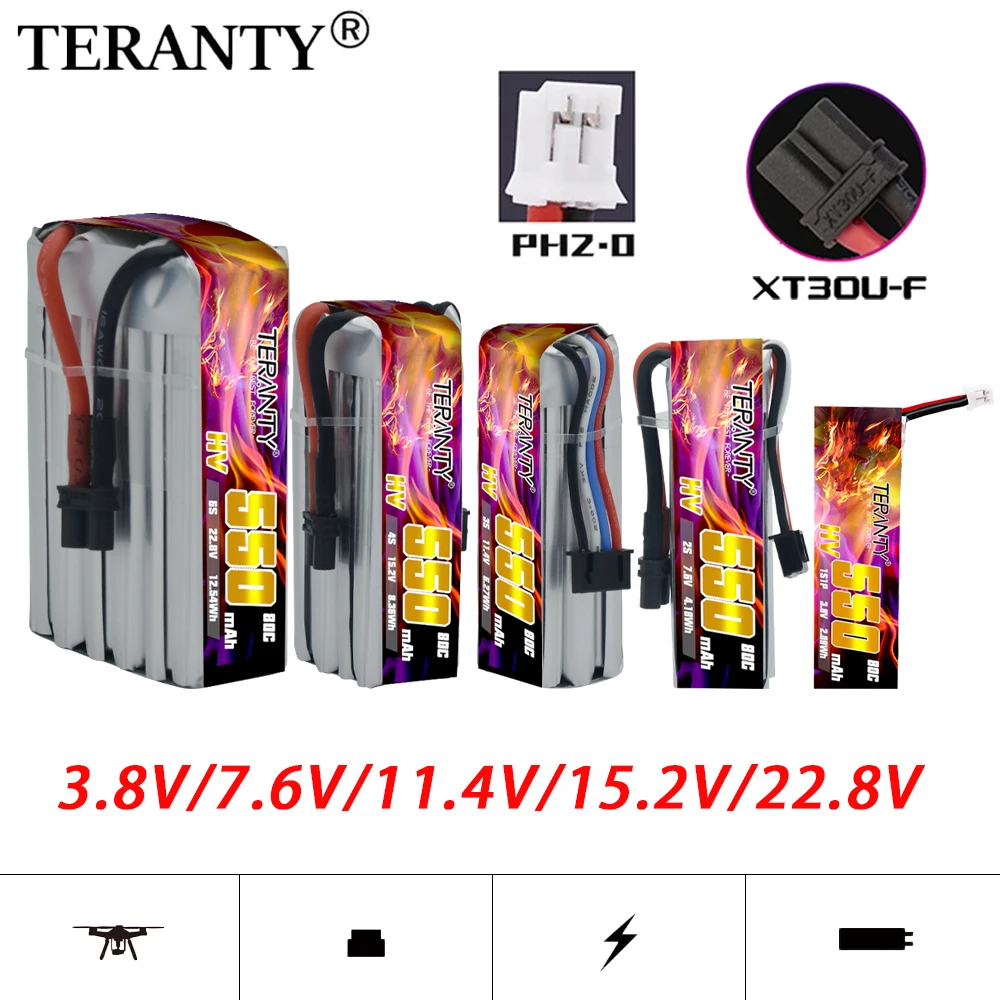 

5PCS TERANTY HV 1S 2S 3S 4S 6S LiPo Battery 550mAh 80C/160C PH2.0/XT30 Plug For RC Helicopter Quadcopter FPV Racing Drone Parts